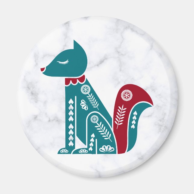 Scandinavian Blue Red Holiday Squirrel on Marble Magnet (Front)