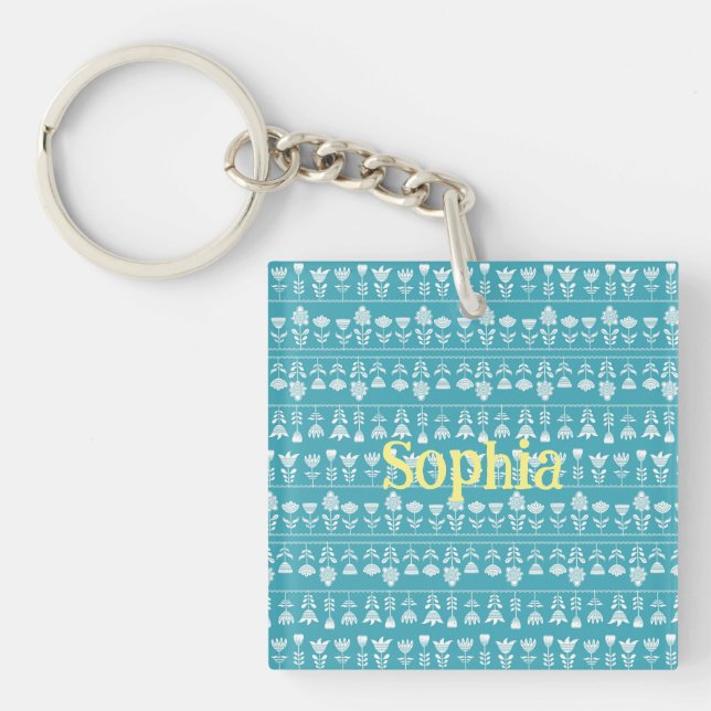 Scandinavian blue with white flowers Editable Key Ring (Front)