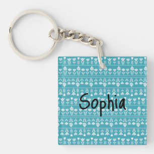 Scandinavian blue with white flowers Editable Key Ring