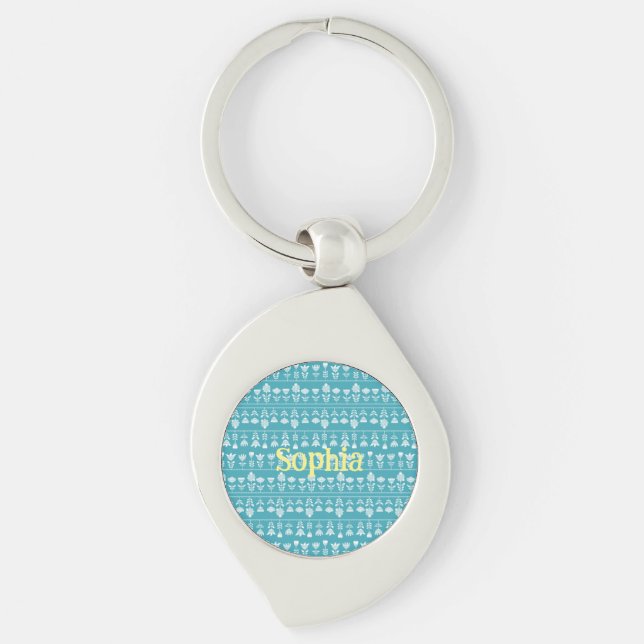 Scandinavian blue with white flowers Editable Key Ring (Front)
