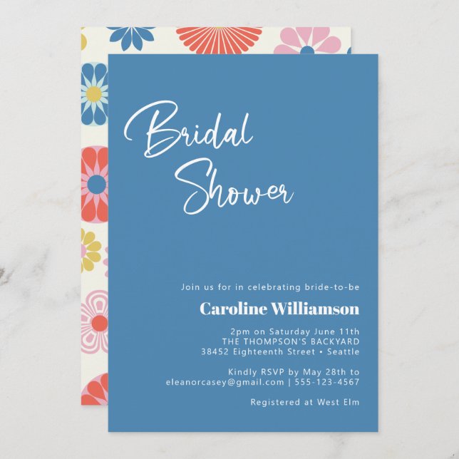 Scandinavian Boho Folk Flower Blue Bridal Shower Invitation (Front/Back)