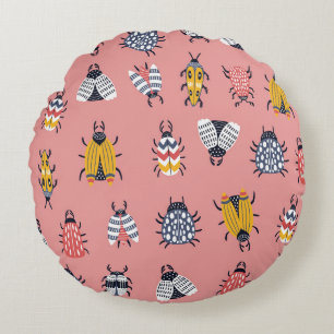 Scandinavian Bugs Beetles Childish Pattern Round Cushion