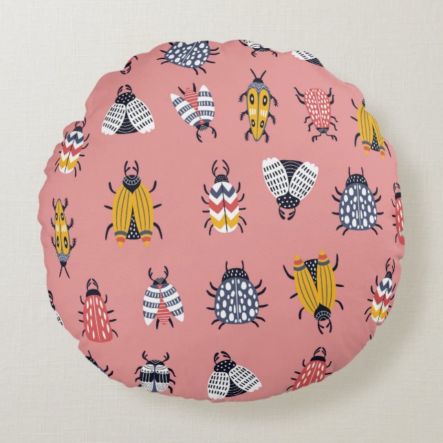Scandinavian Bugs Beetles Childish Pattern Round Cushion (Front)