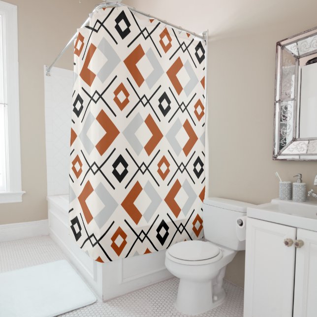 Scandinavian burnt orange grey and beige geometric shower curtain (In Situ)