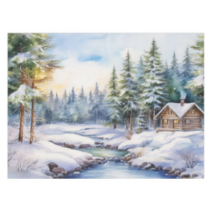Scandinavian cabin in snowy landscape tablecloth