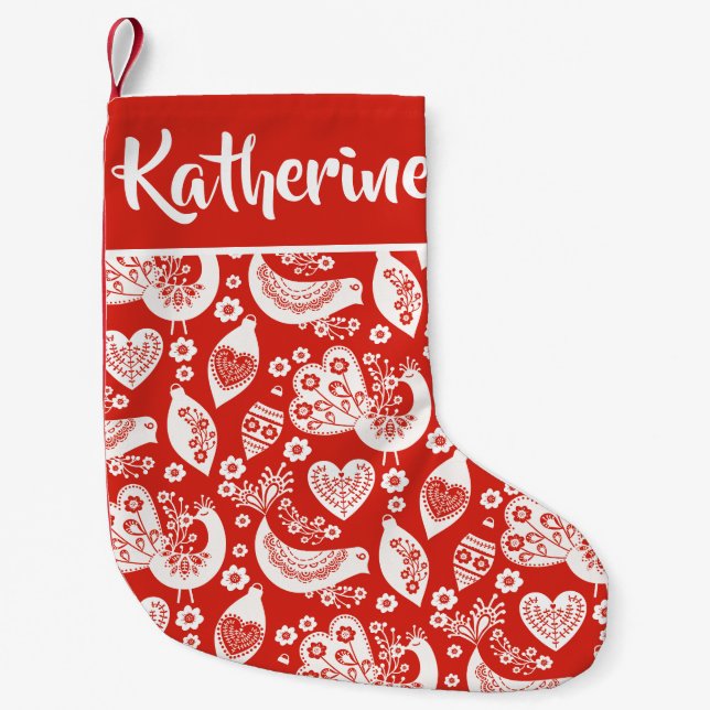 Scandinavian Christmas Bird Pattern - Personalised Small Christmas Stocking (Front)