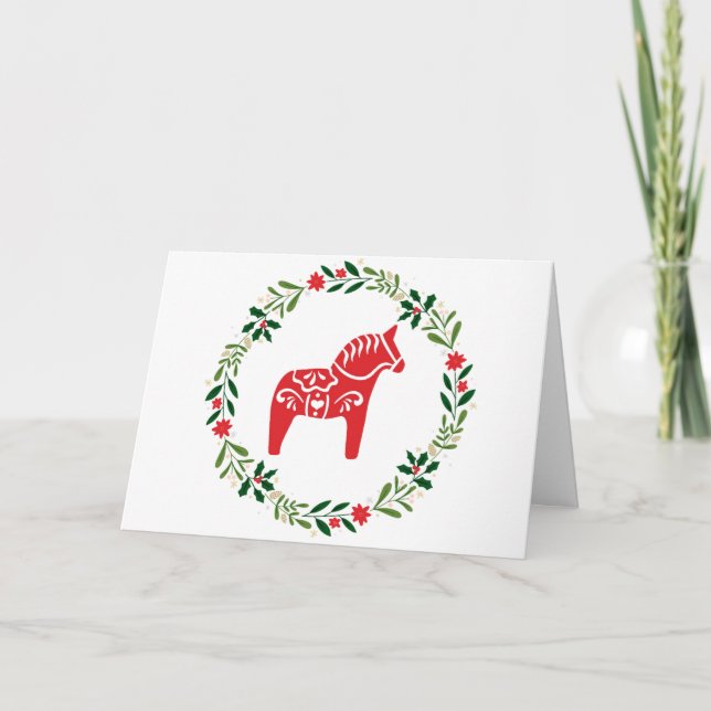 Scandinavian Christmas card Dala Horse and wreath (Front)