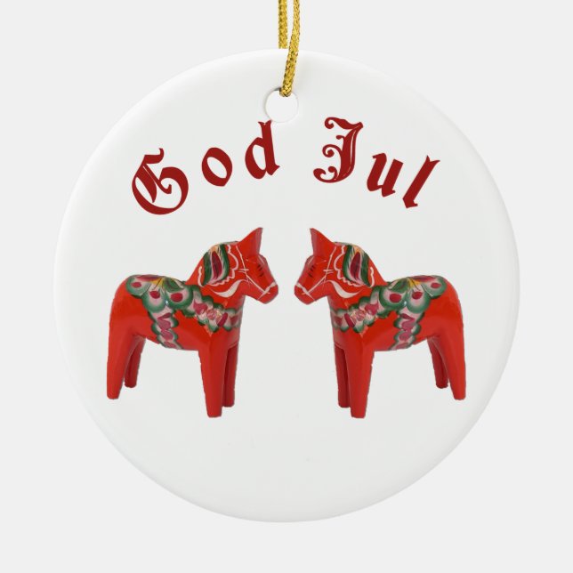 Scandinavian Christmas Dala Horse God Jul! Custom Ceramic Ornament (Front)