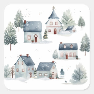 Scandinavian Christmas Decor Watercolor Houses  Square Sticker