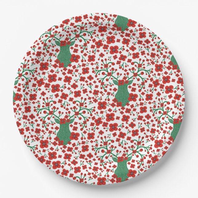 Scandinavian Christmas Floral Pattern with Antlers Paper Plate (Front)