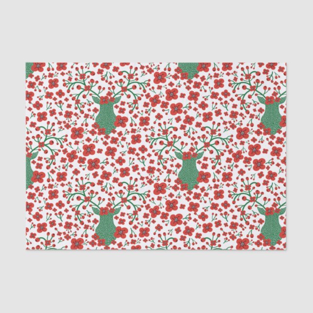 Scandinavian Christmas Floral Pattern with Antlers Tissue Paper (Front)