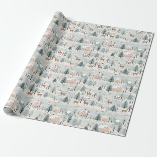 Scandinavian Christmas Folk Art Deers Pine Trees  Wrapping Paper