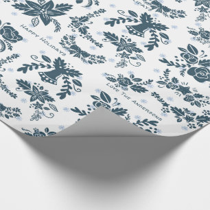 Scandinavian Christmas Folk Art Floral Blue White Wrapping Paper