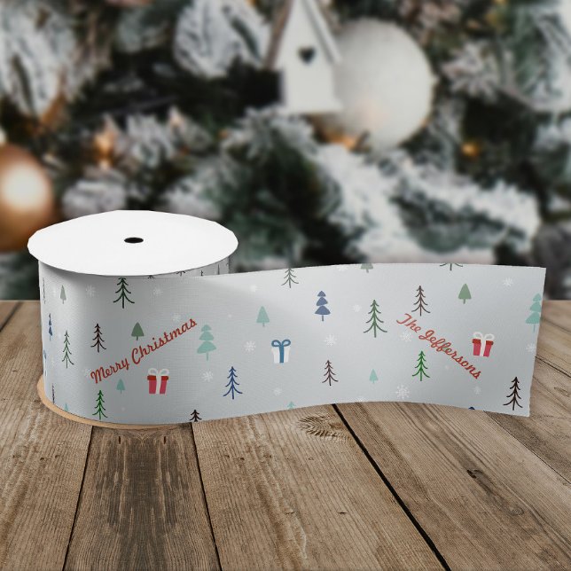 Scandinavian Christmas forest Satin Ribbon (Custom Scandinavian Christmas snow forest ribbon with your greeting and name.)