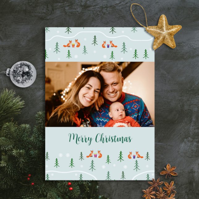 Scandinavian Christmas foxes in forest photo Holiday Card (Elegant Scandinavian Photo Christmas card with your photo and text featuring fox in forest)