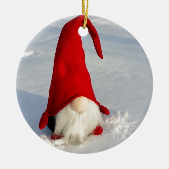Scandinavian Christmas Gnome Ceramic Ornament (Front)