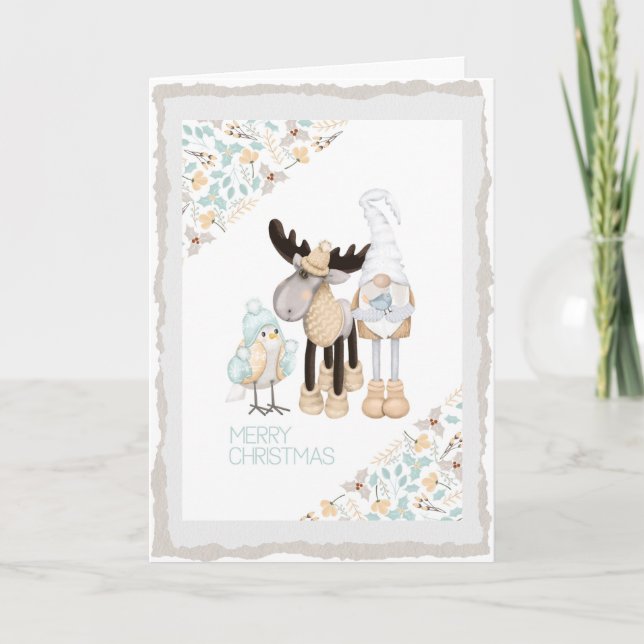 Scandinavian Christmas Gnome - Moose - Bird Holiday Card (Front)