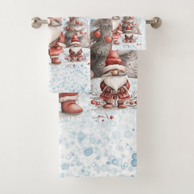 Scandinavian Christmas Gnome Red Berries Bath Towel Set (Insitu)
