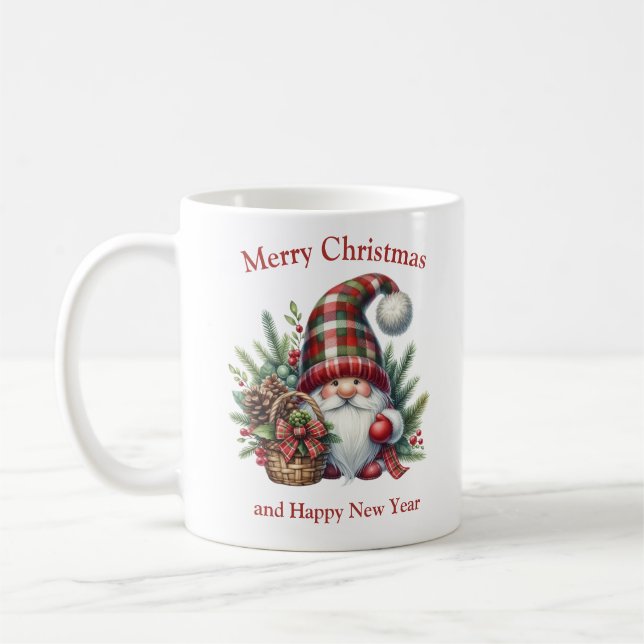 Scandinavian Christmas gnome with plaid hat Coffee Mug (Left)