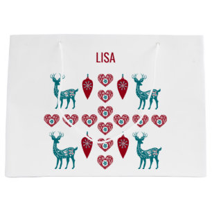 Scandinavian Christmas Hearts Reindeer Red Baubles Large Gift Bag