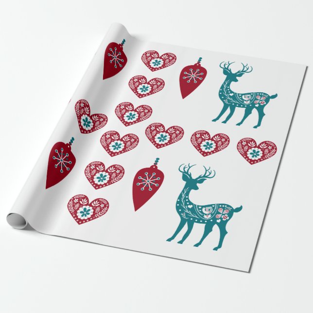 Scandinavian Christmas Hearts Reindeer Red Baubles Wrapping Paper (Unrolled)