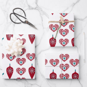 Scandinavian Christmas Hearts Reindeer Red Baubles Wrapping Paper Sheet