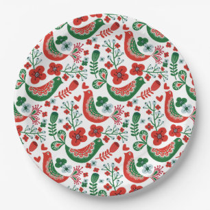 Scandinavian Christmas Pattern w Flowers and Birds Paper Plate