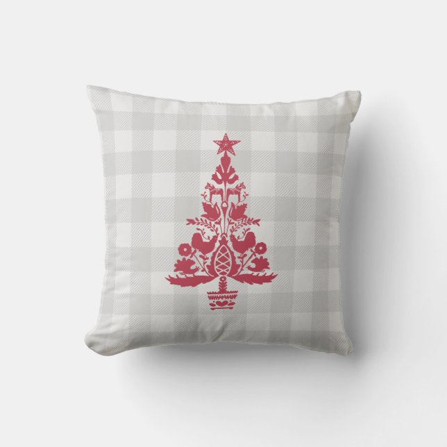Scandinavian Christmas Red Nordic Tree Check Cushion (Front)
