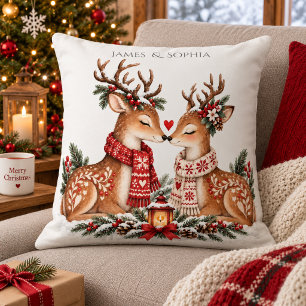 Scandinavian Christmas Reindeer Couple Nordic Love Cushion