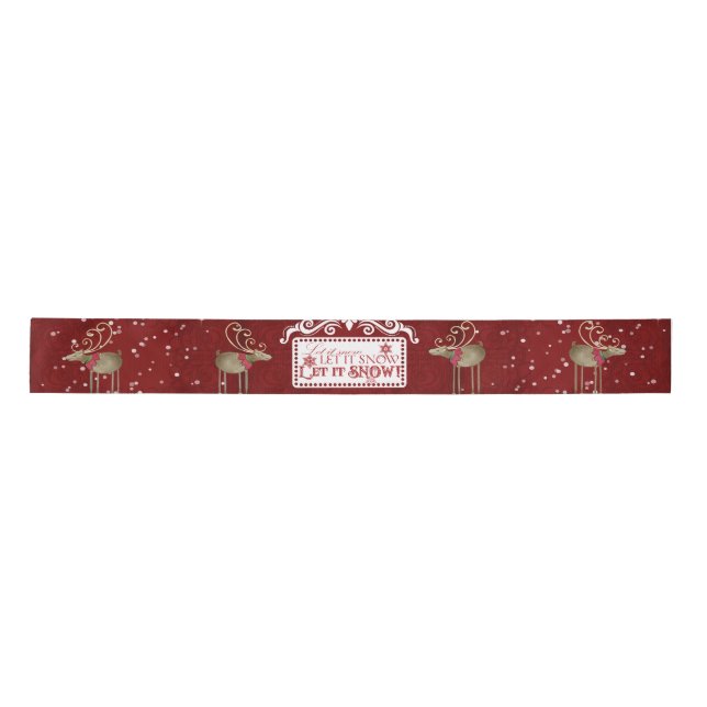 Scandinavian Christmas Reindeer Let it Snow Red Satin Ribbon (Front)