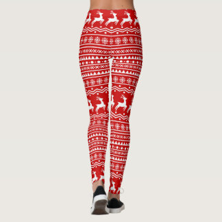 Scandinavian Christmas Reindeer Snowflakes Red Leggings