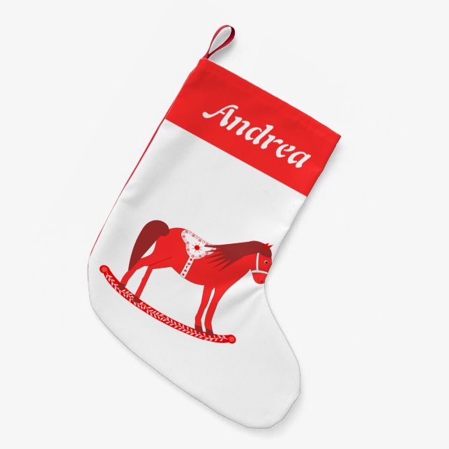 Scandinavian Christmas Rocking Horse Custom Name Small Christmas Stocking (Front (Hanging))