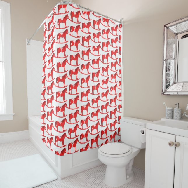 Scandinavian Christmas Rocking Horse Patterned Shower Curtain (In Situ)