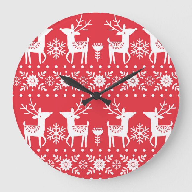Scandinavian Christmas: Snowflakes & Deer Large Clock (Front)