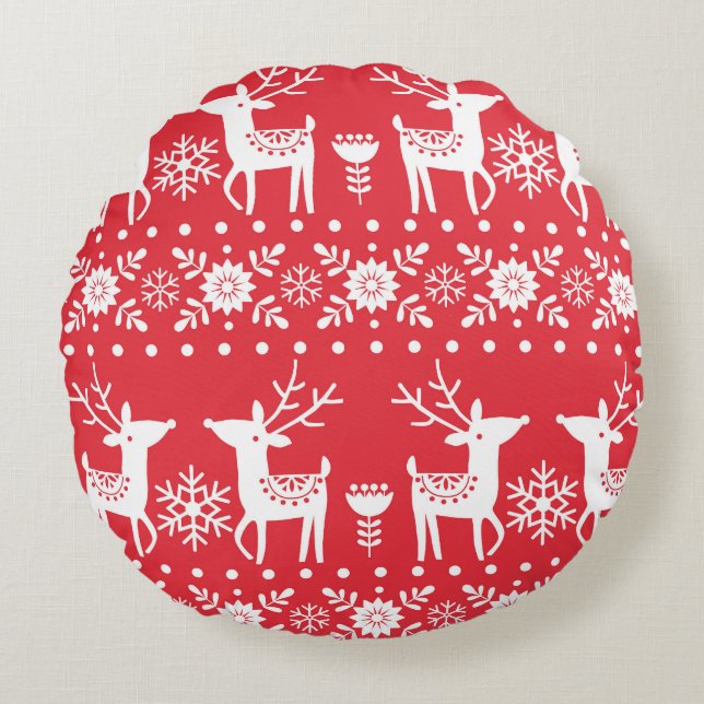 Scandinavian Christmas: Snowflakes & Deer Round Cushion (Front)