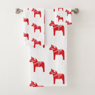 Scandinavian Christmas Swedish Dala Horse Bath Towel Set