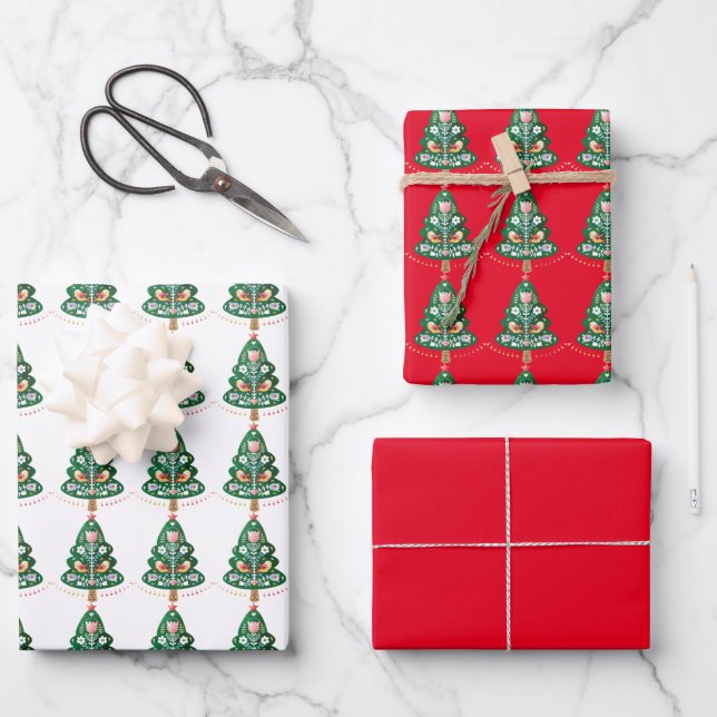 Scandinavian Christmas Tree Folk Art  Wrapping Paper Sheet (Front)