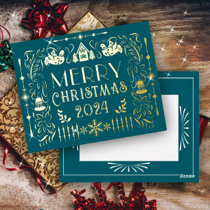 Scandinavian Christmas Year Teal Foil Holiday Postcard