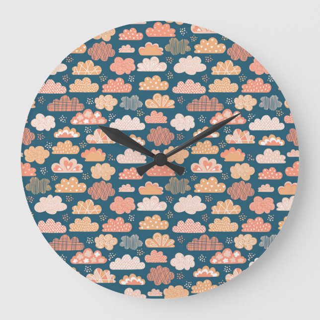 Scandinavian Clouds: Golden Childish Patterns. Large Clock (Front)