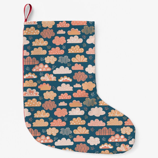 Scandinavian Clouds: Golden Childish Patterns. Small Christmas Stocking (Front)