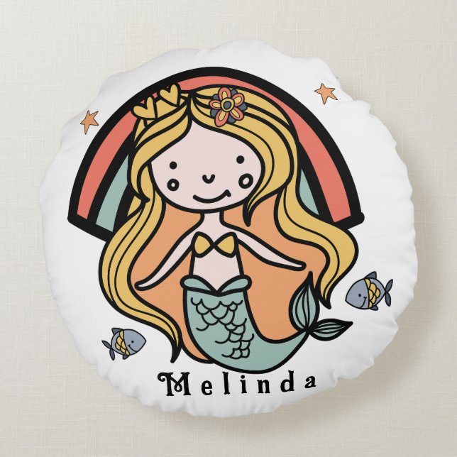 Scandinavian Cute Mermaid Personalised Girl  Round Cushion (Back)