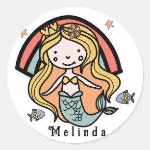 Scandinavian Cute Mermaid Personalized Girl     Classic Round Sticker