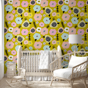 Scandinavian Daisy Flowers Mustard Yellow Nursery Wallpaper