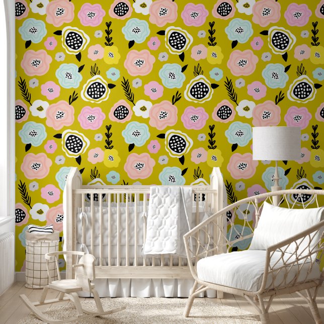 Scandinavian Daisy Flowers Mustard Yellow Nursery Wallpaper (Kids)