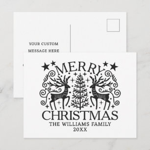 Scandinavian Deer Black & White Merry Christmas Holiday Postcard