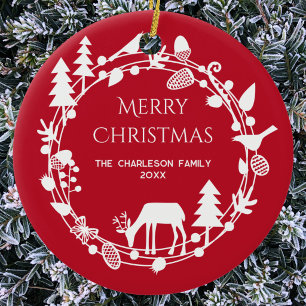 Scandinavian Deer Forest Wreath Personalised Ceramic Ornament