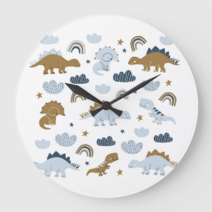 Scandinavian dinosaurs, stars, rainbows illustrati large clock