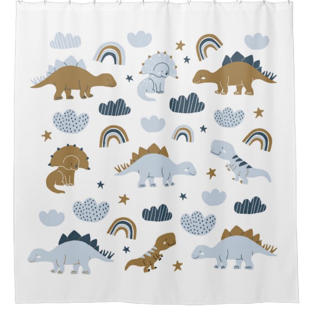 Scandinavian dinosaurs, stars, rainbows illustrati shower curtain (Front)