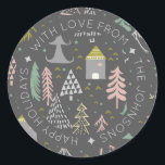 Scandinavian Doodle Christmas Village Personalised Classic Round Sticker<br><div class="desc">Personalised christmas stickers with your personalised text,  such as happy holidays with love from [your family name]. The design has modern doodle art sketched forest village with abstract scandinavian styling.</div>