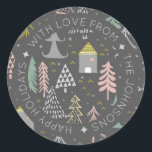 Scandinavian Doodle Christmas Village Personalised Classic Round Sticker<br><div class="desc">Personalised christmas stickers with your personalised text,  such as happy holidays with love from [your family name]. The design has modern doodle art sketched forest village with abstract scandinavian styling.</div>